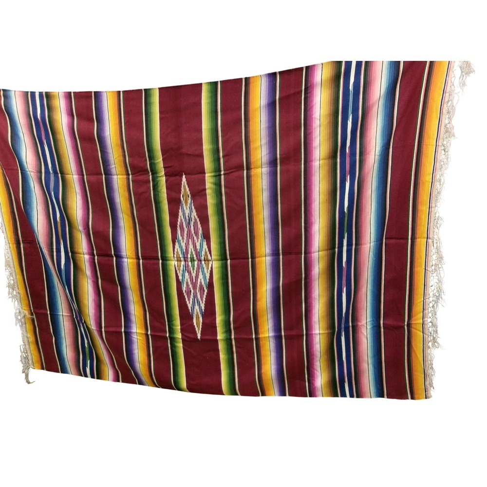 Vintage Mexican Saltillo Sarape Blanket Burgundy Multi Stripe Diamond Fringe